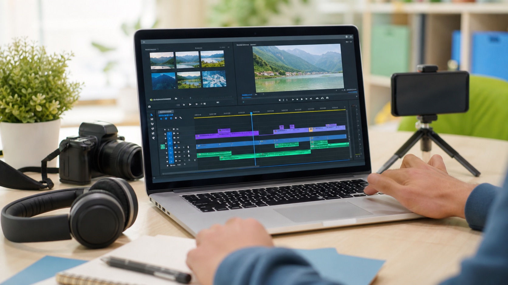 Ordinateur affichant un logiciel de montage vidéo avec casque, appareil photo et smartphone sur une table.