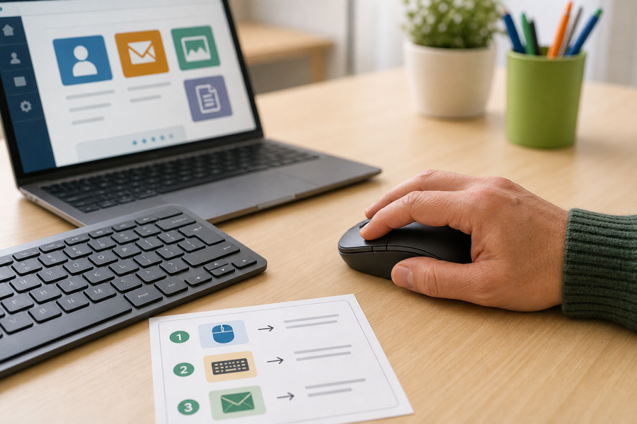 Main posée sur une souris d’ordinateur avec un clavier et un écran pour apprendre les bases de l’informatique.