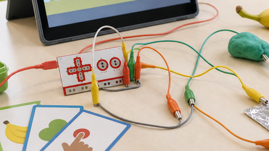 Gros plan sur une carte Makey Makey reliée avec des pinces crocodiles.