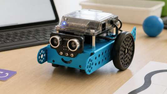 Gros plan sur un robot éducatif mBot2 posé sur une table.