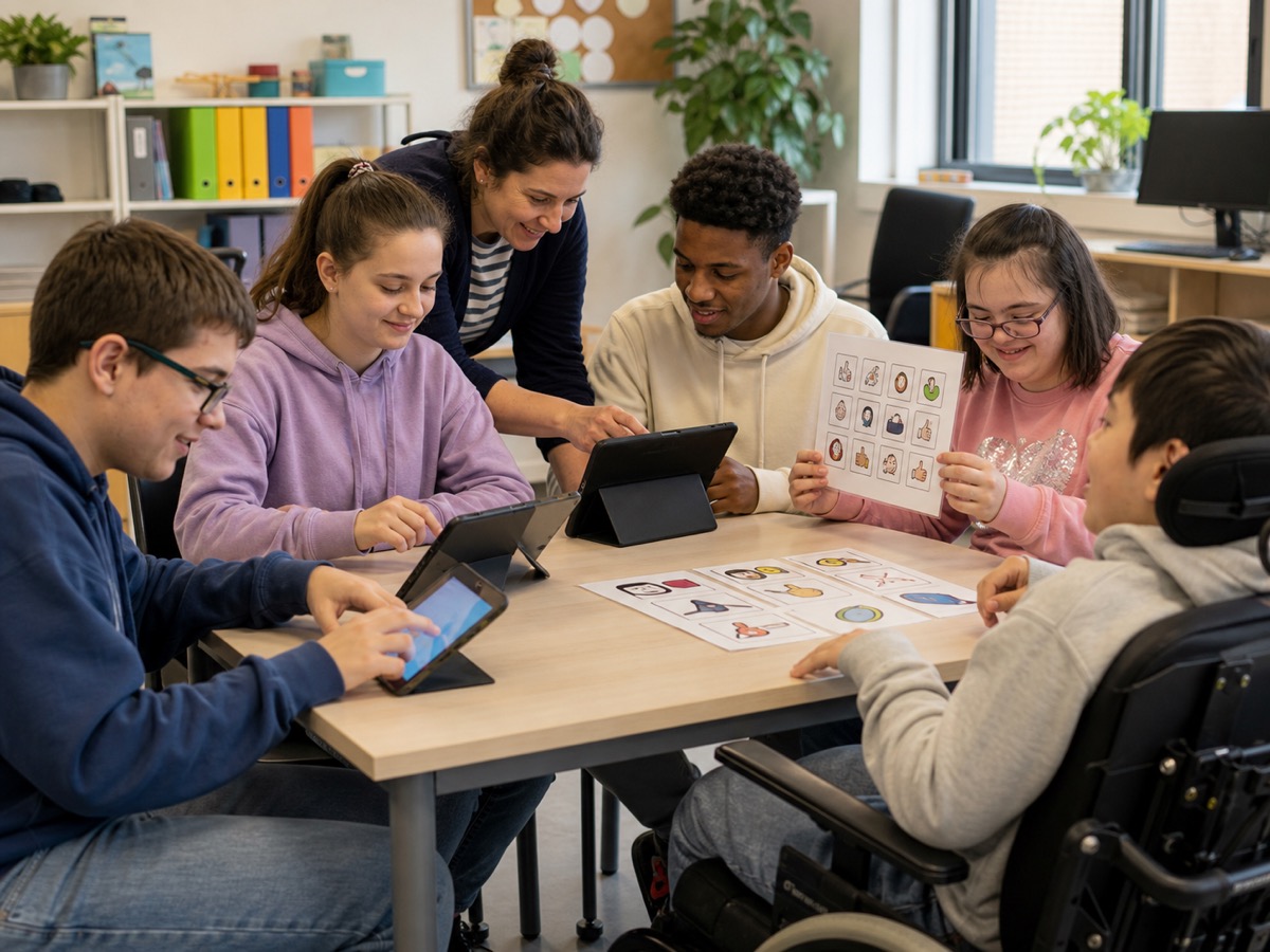 Jeunes en situation de handicap participant à un atelier numérique adapté avec tablettes et supports visuels.