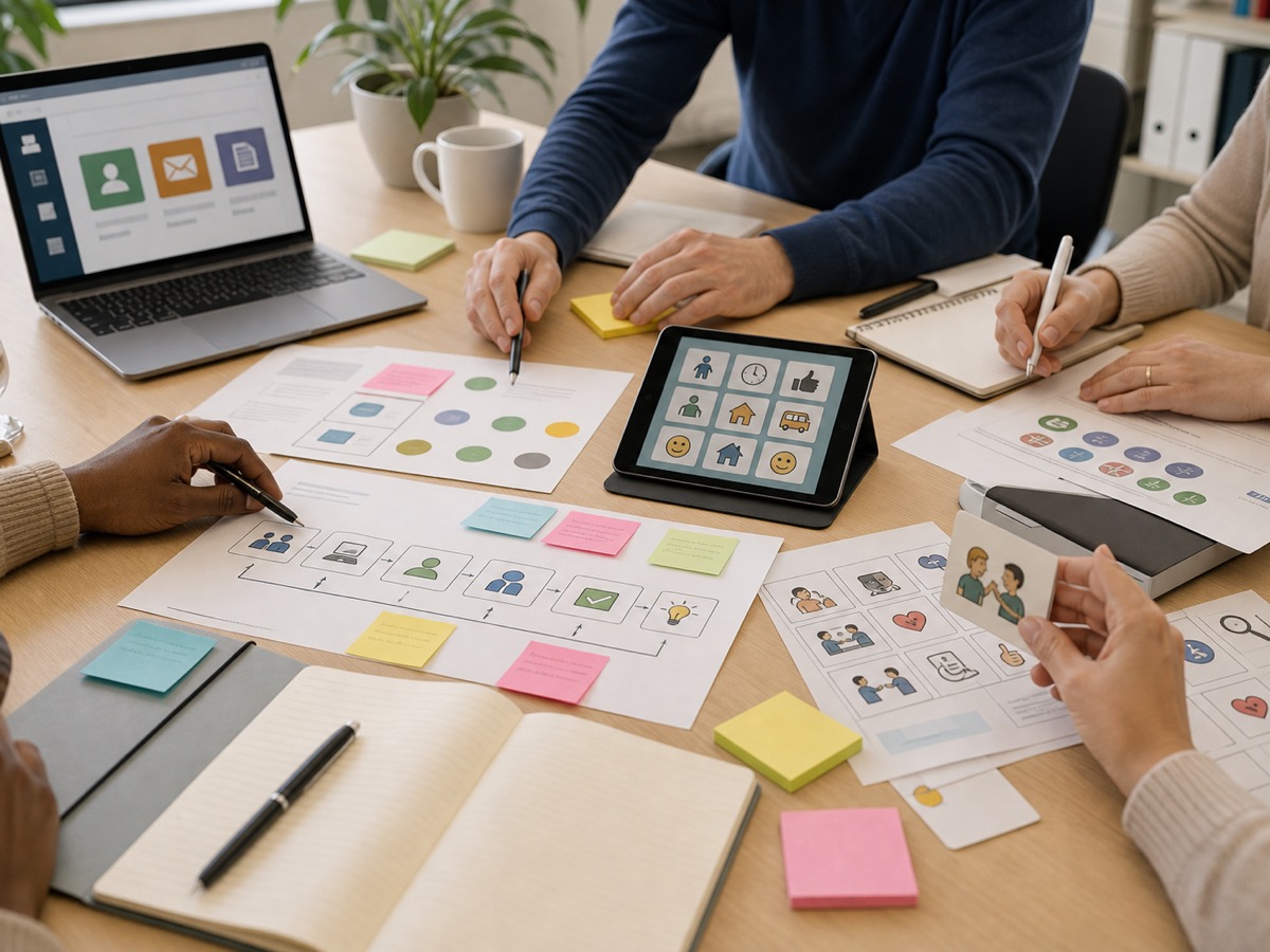 Réunion de conseil avec ordinateur, tablette, pictogrammes et supports d’activités accessibles.