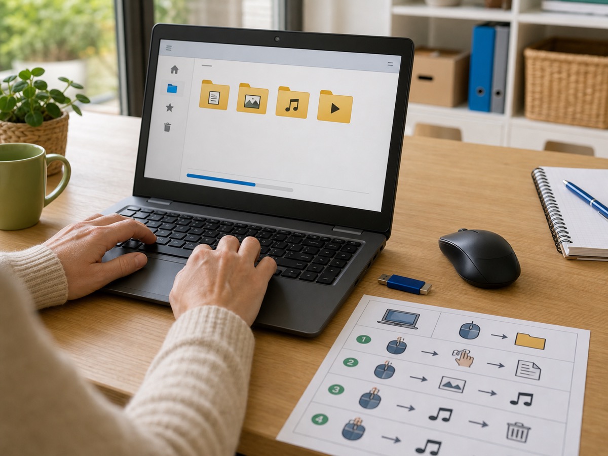 Ordinateur avec dossiers, clavier, souris et fiche d’étapes pour l’initiation informatique.