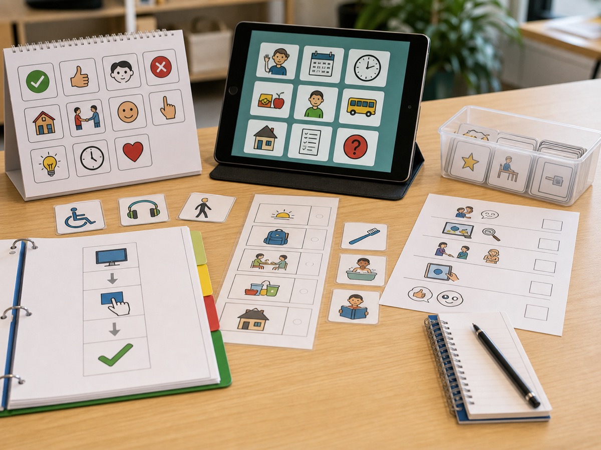 Supports accessibles avec pictogrammes, fiches visuelles et tablette.