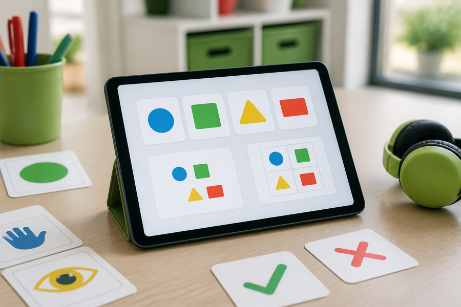 Tablette tactile posée sur une table avec des formes colorées et des cartes visuelles.