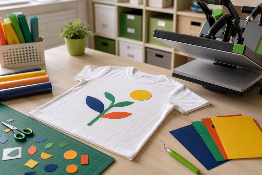 Tee-shirt clair avec un motif coloré préparé pour le flocage sur une table d’atelier.